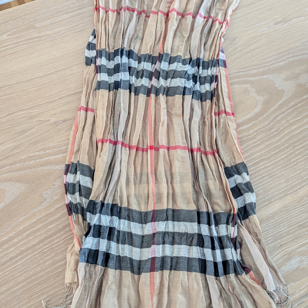 Beige Plaid Lightweight Scarf with Black & Red Stripes